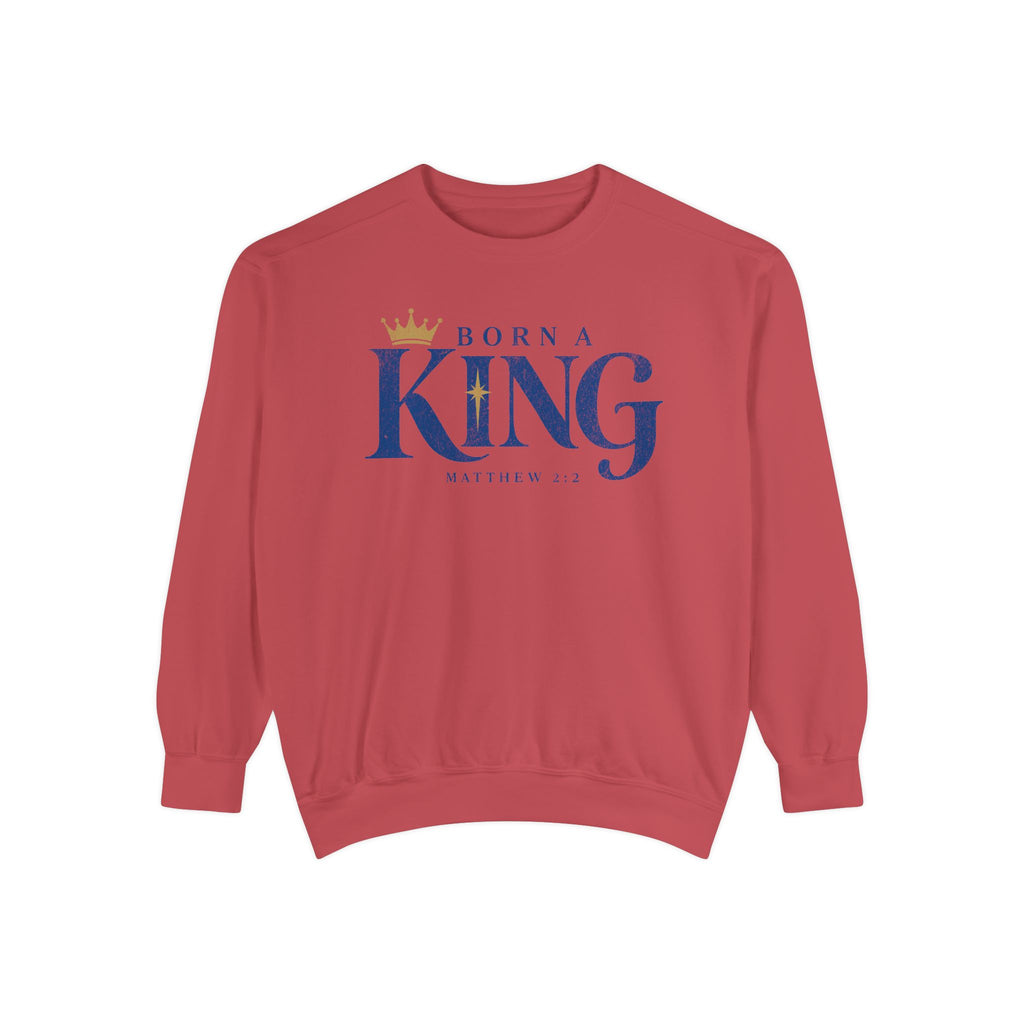 Crimson Christian Christmas sweatshirt with Born a King lettering, a crown, a star and Matthew 2:2.