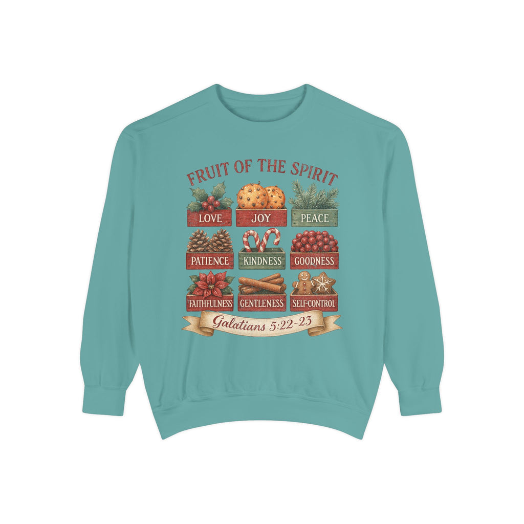 Seafoam Christmas Christian sweatshirt with nine vintage crates of holly, oranges, pine, pinecones, candy canes, berries, poinsettia, cinnamon and gingerbread labeled with the fruit of the spirit