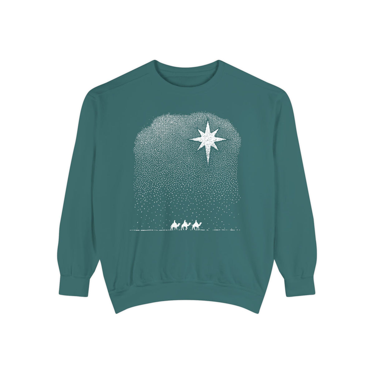 Blue Spruce Christian Christmas sweatshirt with a bright star over a stippled night sky and three wise men riding camels along the horizon.