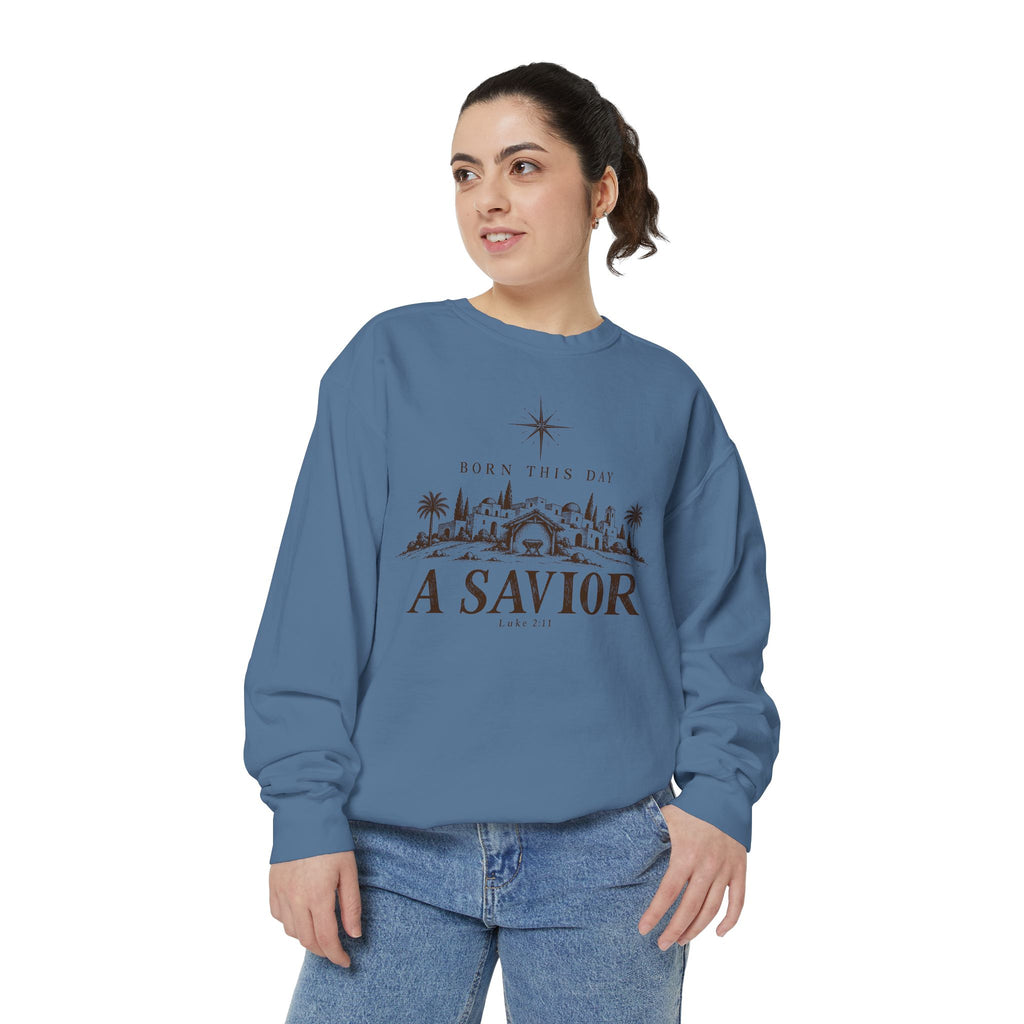 Christian Christmas sweatshirt with Born This Day A Savior lettering, a star over a Bethlehem town scene, a manger and Luke 2:11.