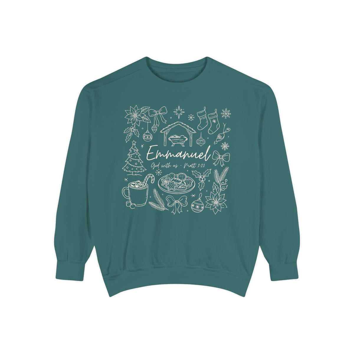 Blue Spruce Christian Christmas sweatshirt with Emmanuel God with us script and Matthew 1:23 surrounded by doodles of a manger, stockings, a tree, cocoa and cookies.