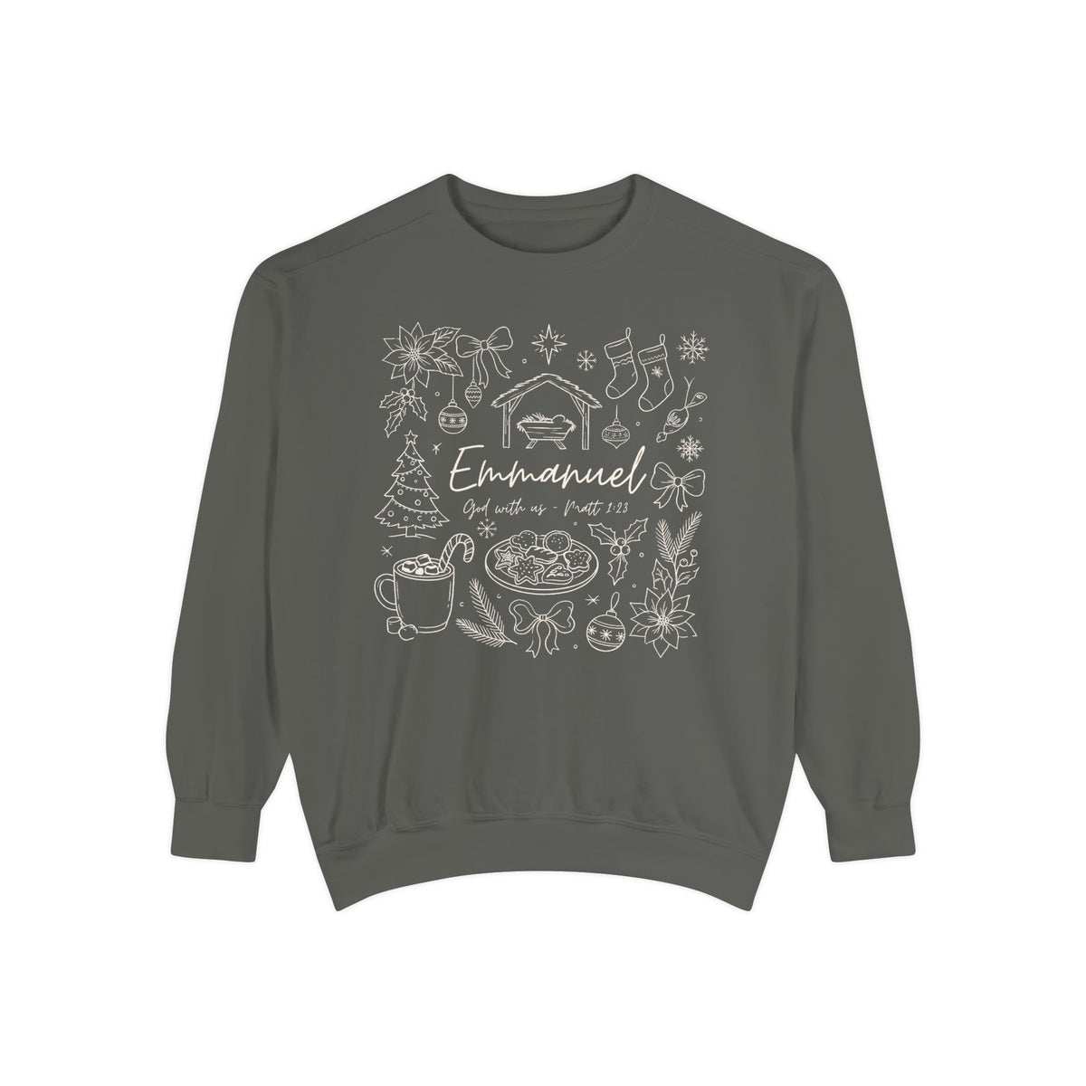 Pepper Christian Christmas sweatshirt with Emmanuel God with us script and Matthew 1:23 surrounded by doodles of a manger, stockings, a tree, cocoa and cookies.