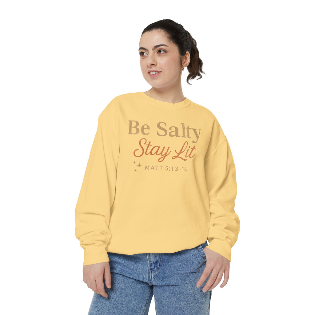 Christian sweatshirt reading Be Salty Stay Lit in serif and script lettering with sparkles, Matthew 5:13-14