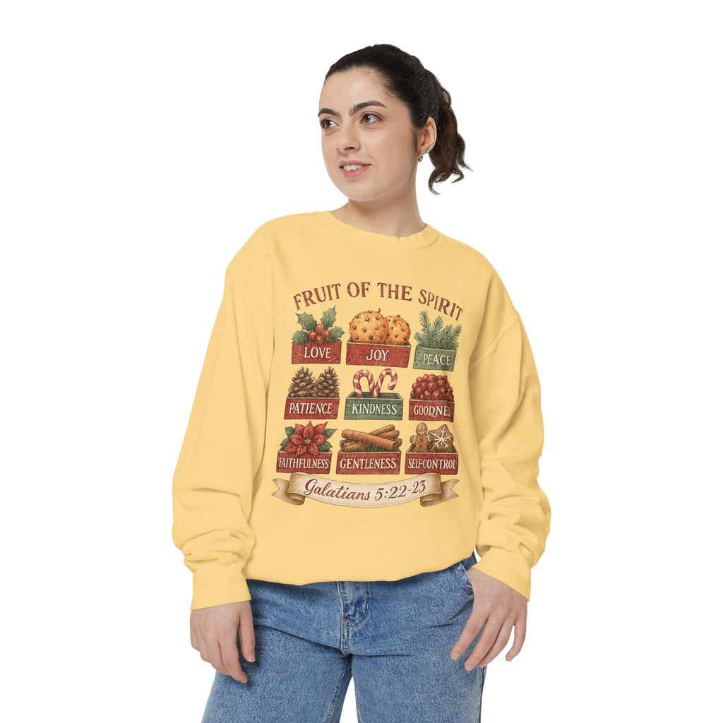 Christmas Christian sweatshirt with nine vintage crates of holly, oranges, pine, pinecones, candy canes, berries, poinsettia, cinnamon and gingerbread labeled with the fruit of the spirit