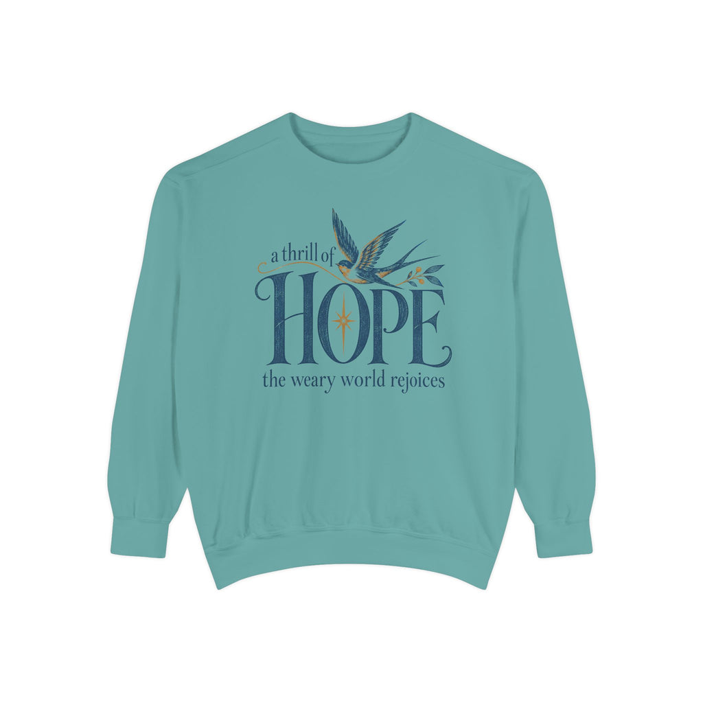 Seafoam Christian Christmas sweatshirt with A Thrill of Hope, the weary world rejoices lettering, a swallow and a star.
