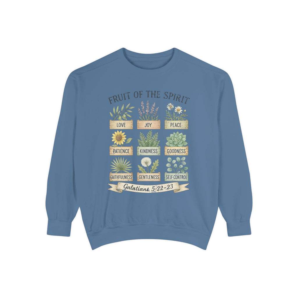 Blue Jean Christian sweatshirt with nine painted herb and flower planters labeled with the fruit of the spirit, Galatians 5:22-23