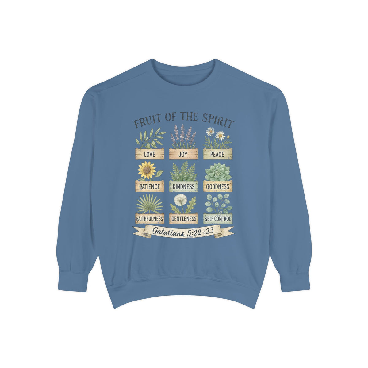 Blue Jean Christian sweatshirt with nine painted herb and flower planters labeled with the fruit of the spirit, Galatians 5:22-23