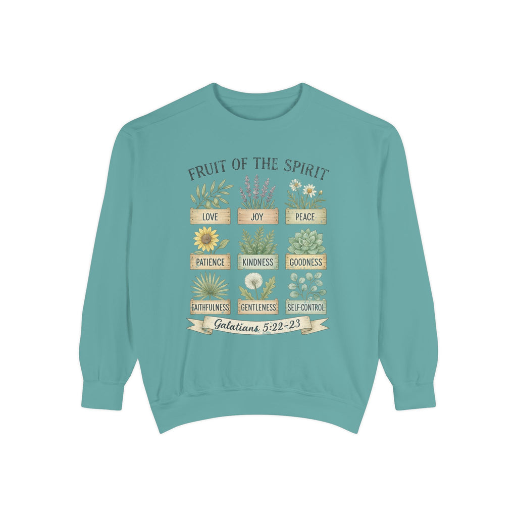 Seafoam Christian sweatshirt with nine painted herb and flower planters labeled with the fruit of the spirit, Galatians 5:22-23