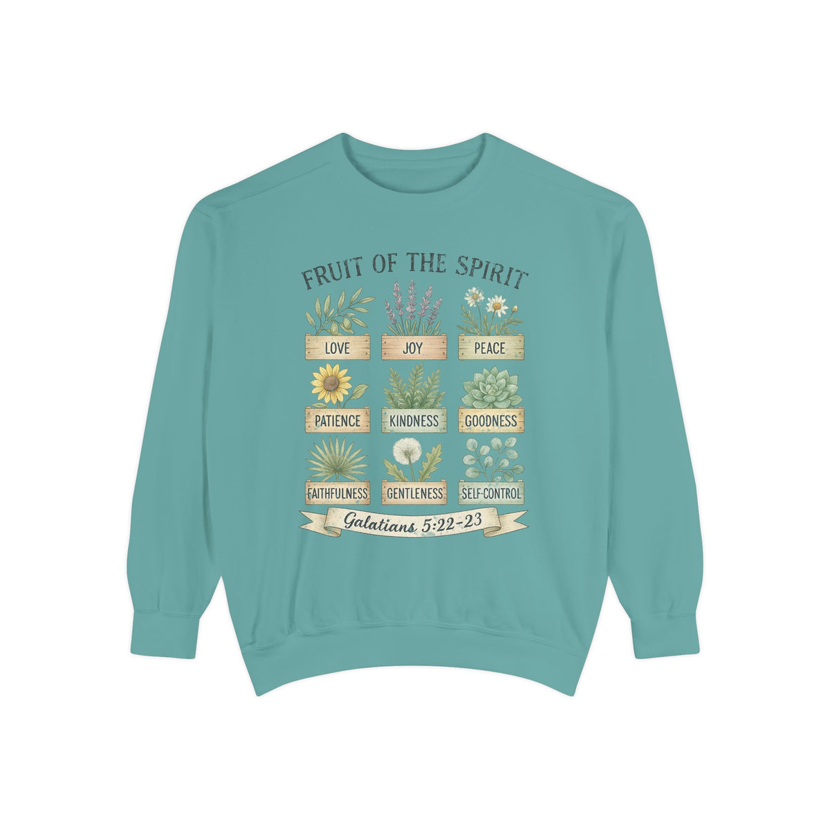 Seafoam Christian sweatshirt with nine painted herb and flower planters labeled with the fruit of the spirit, Galatians 5:22-23