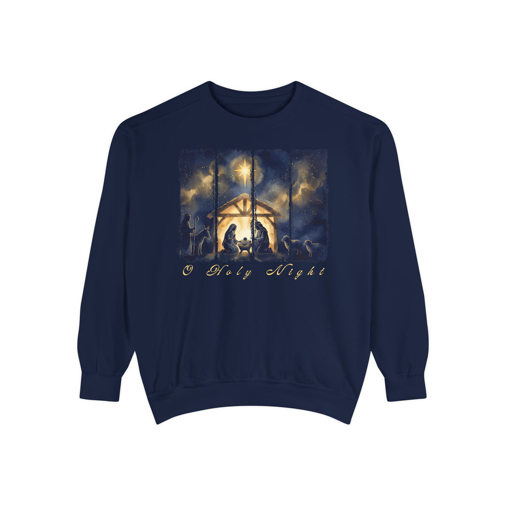 True Navy Christian Christmas sweatshirt with a painted nativity of Mary, Joseph and the manger in a glowing stable under a bright star, with O Holy Night in script.