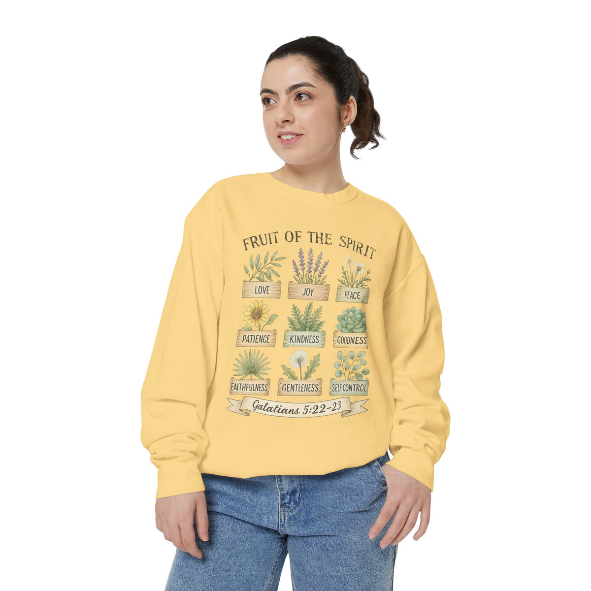 Christian sweatshirt with nine painted herb and flower planters labeled with the fruit of the spirit, Galatians 5:22-23