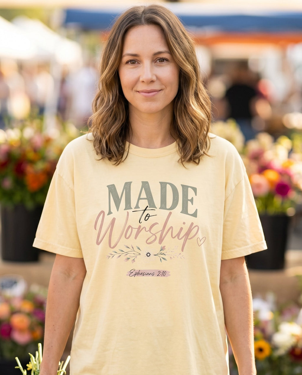 Made to Worship Ephesians 2:10 – Banana women's Christian tee, lifestyle photo in farmers market – Made to Worship Ephesians 2:10 praise worship gather fellowship faith  – She Wears Faith