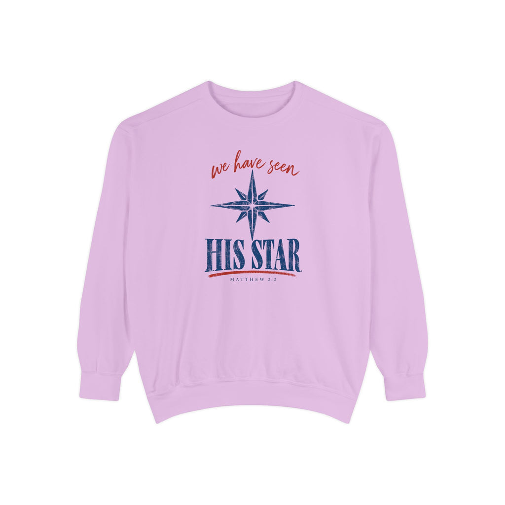 Orchid Christian Christmas sweatshirt with We Have Seen His Star lettering, an eight-pointed star and Matthew 2:2.