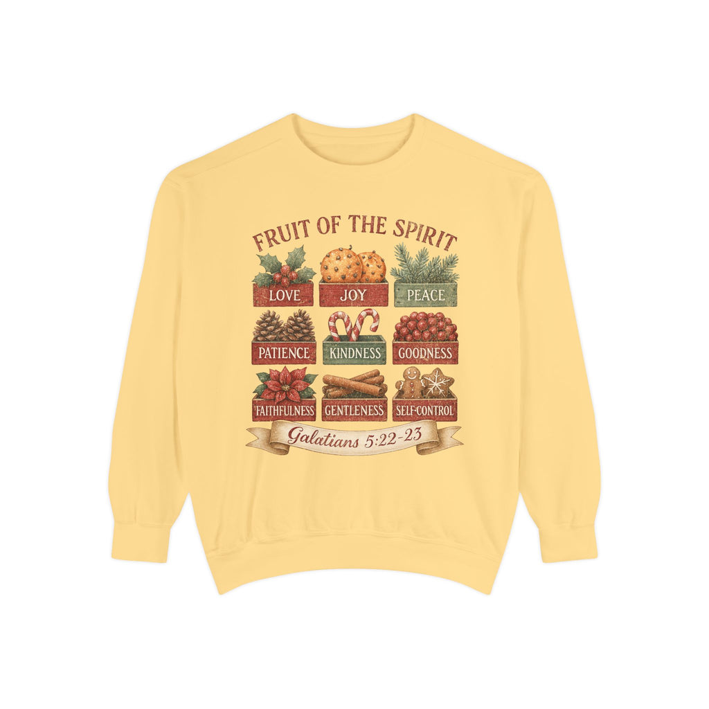 Butter Christmas Christian sweatshirt with nine vintage crates of holly, oranges, pine, pinecones, candy canes, berries, poinsettia, cinnamon and gingerbread labeled with the fruit of the spirit
