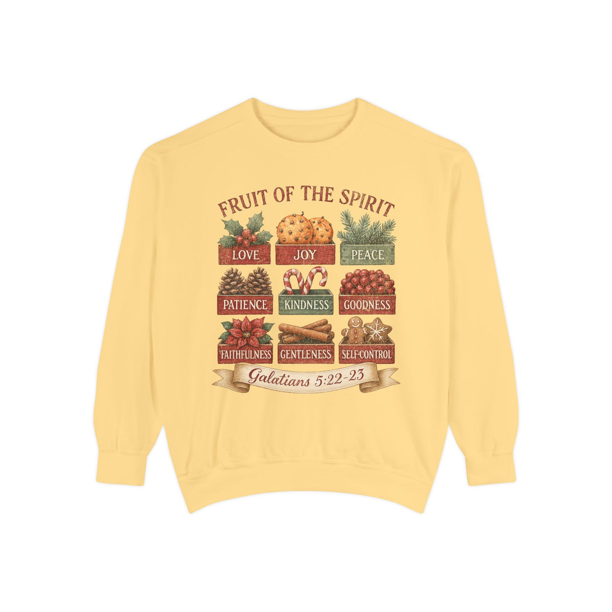 Butter Christmas Christian sweatshirt with nine vintage crates of holly, oranges, pine, pinecones, candy canes, berries, poinsettia, cinnamon and gingerbread labeled with the fruit of the spirit