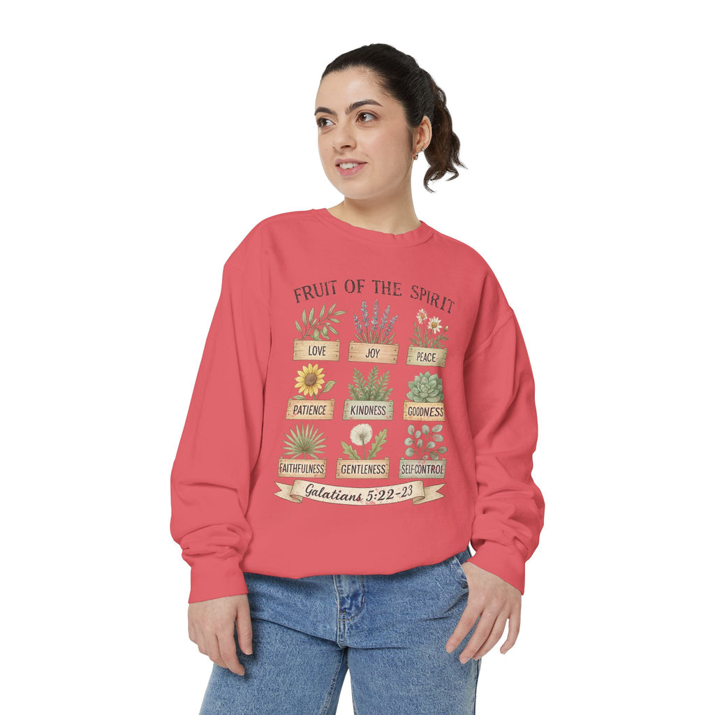 Christian sweatshirt with nine painted herb and flower planters labeled with the fruit of the spirit, Galatians 5:22-23
