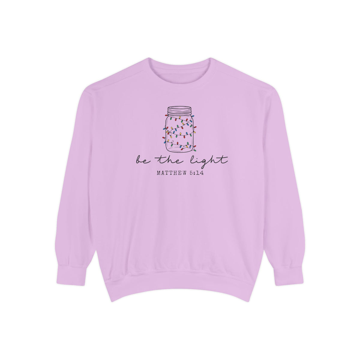Orchid Christian Christmas sweatshirt with a mason jar wrapped in Christmas lights, be the light script and Matthew 5:14.