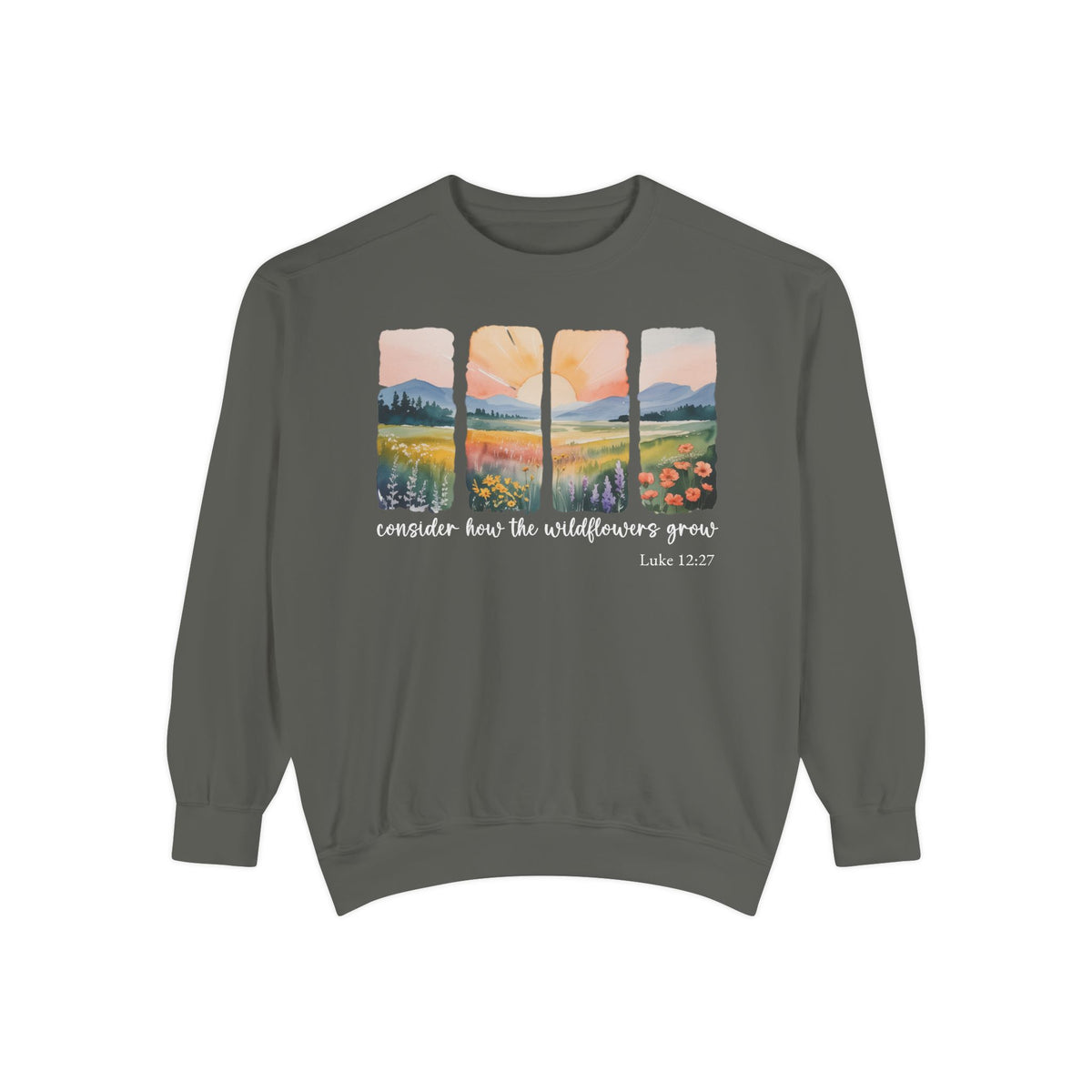 Pepper Christian sweatshirt with four painted panels of sunrise over hills and a wildflower meadow, reading consider how the wildflowers grow, Luke 12:27