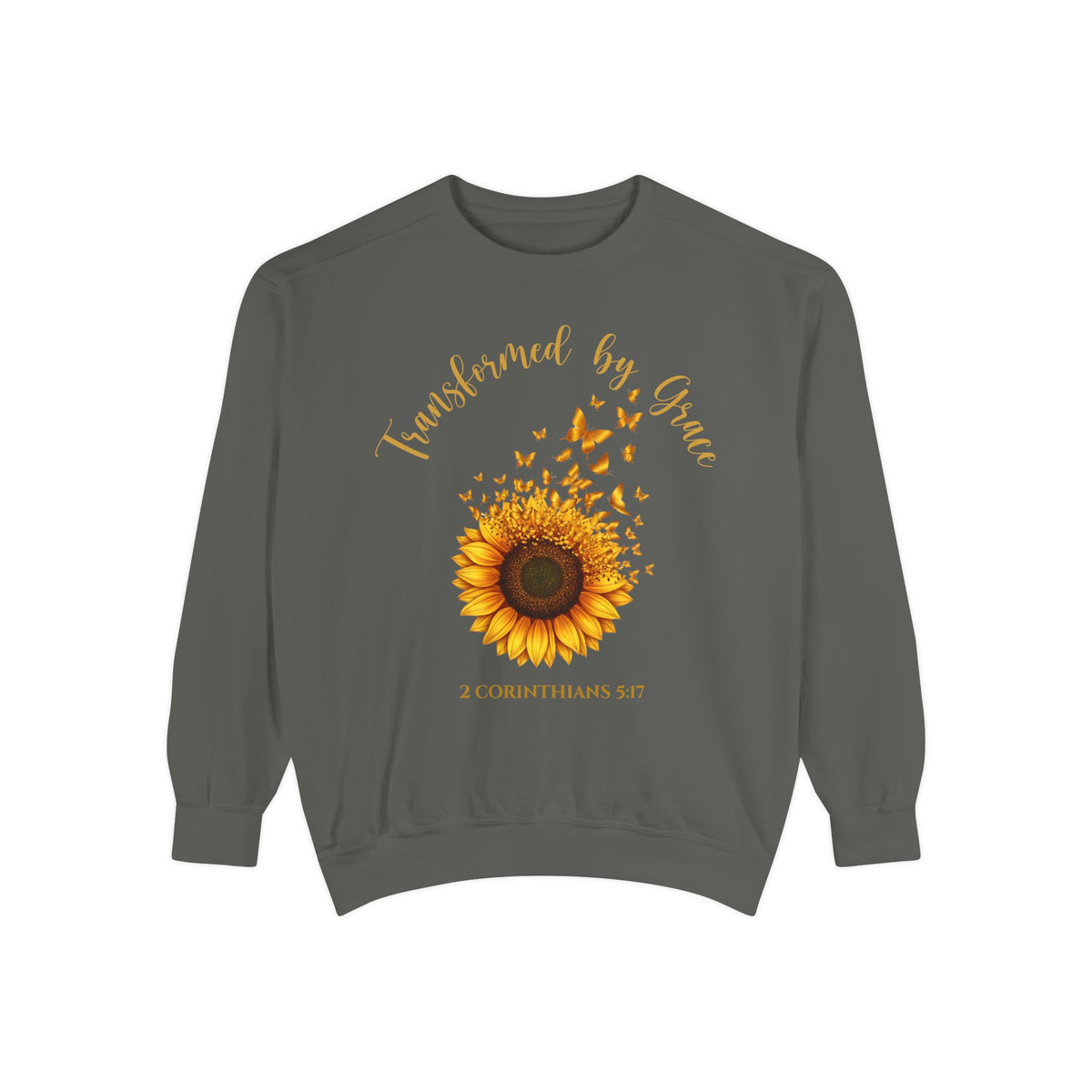 Pepper Christian sweatshirt with a painted sunflower whose petals turn into butterflies, reading Transformed by Grace, 2 Corinthians 5:17