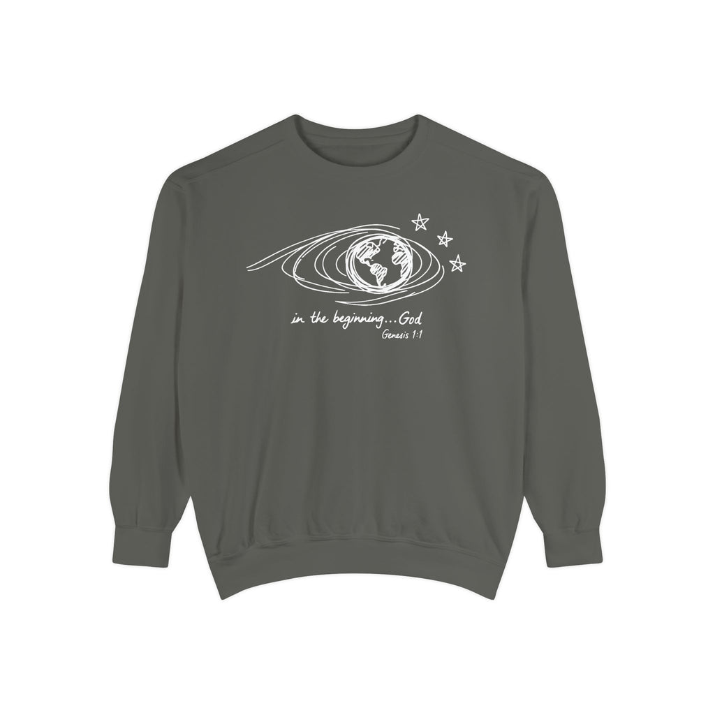 Pepper Christian sweatshirt with hand-sketched Earth, looping orbit lines and three stars, reading in the beginning God, Genesis 1:1