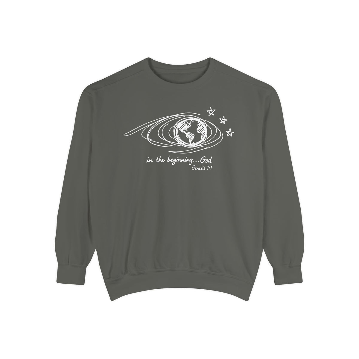 Pepper Christian sweatshirt with hand-sketched Earth, looping orbit lines and three stars, reading in the beginning God, Genesis 1:1