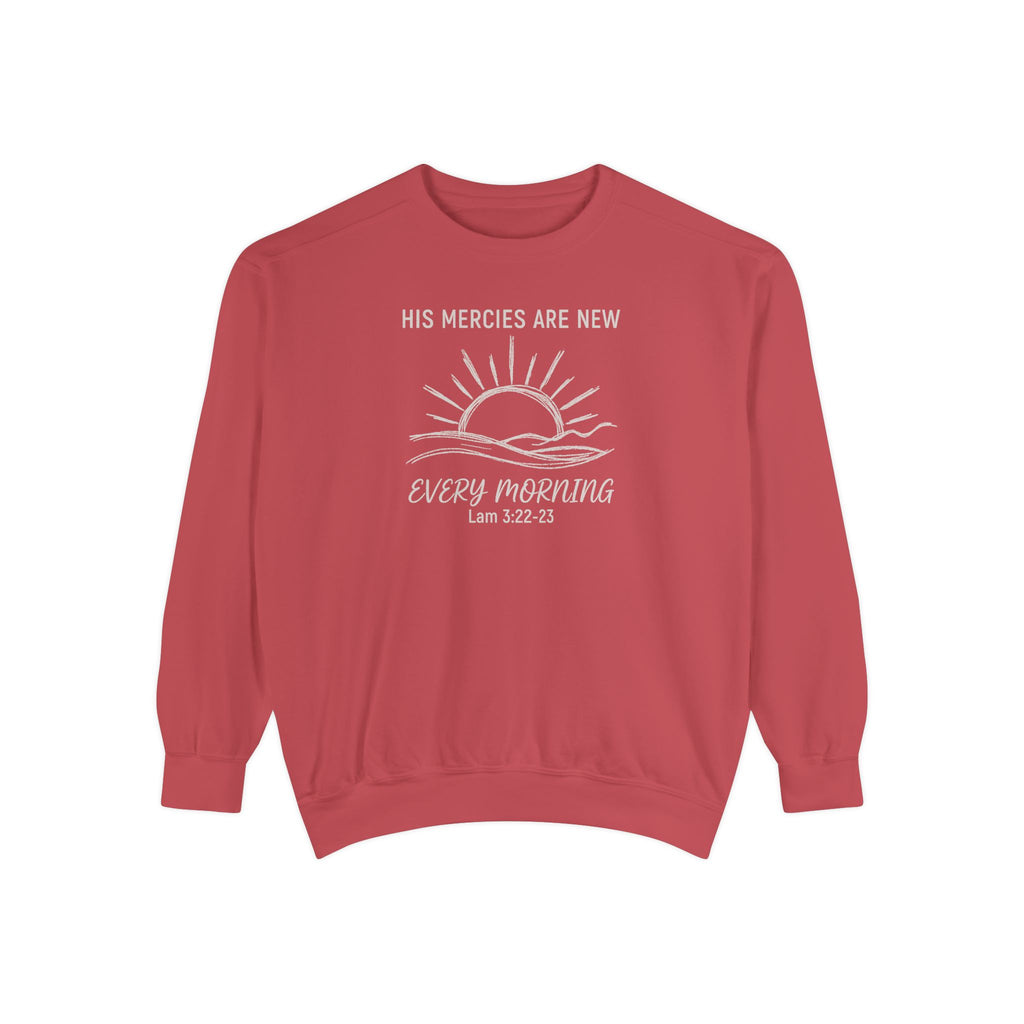 Crimson Christian sweatshirt with minimalist sunrise line art reading His mercies are new every morning, Lamentations 3:22-23