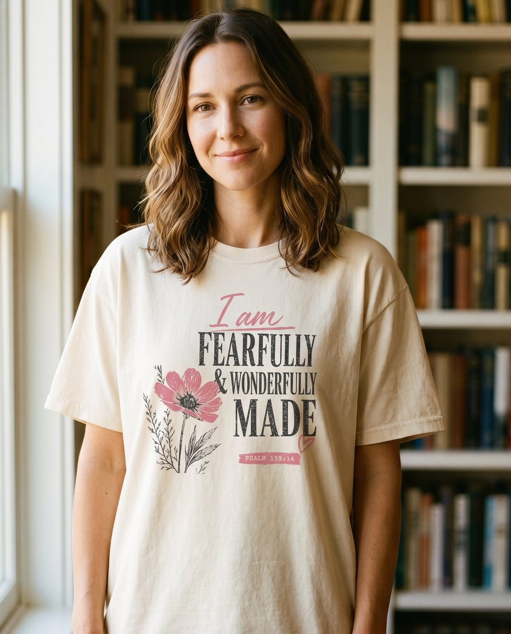I Am Fearfully Made – Ivory women's Christian tee, lifestyle photo in cozy reading nook – I Am Fearfully Made Psalm 139:14 wonderfully made scripture faith desi – She Wears Faith