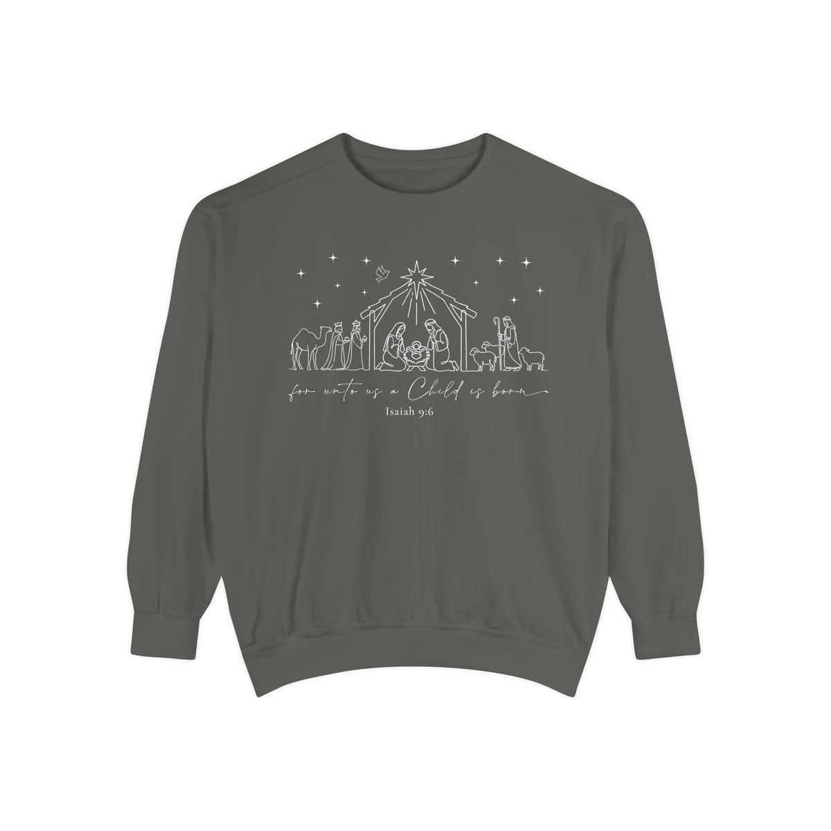 Pepper Christian Christmas sweatshirt with nativity line art of Mary, Joseph, the manger, wise men, a shepherd and sheep, for unto us a Child is born and Isaiah 9:6.