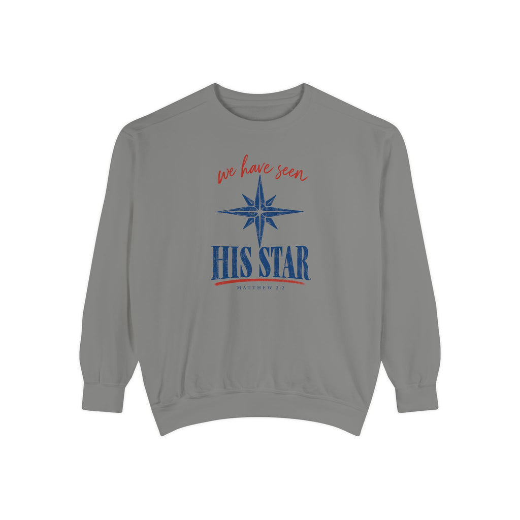 Grey Christian Christmas sweatshirt with We Have Seen His Star lettering, an eight-pointed star and Matthew 2:2.