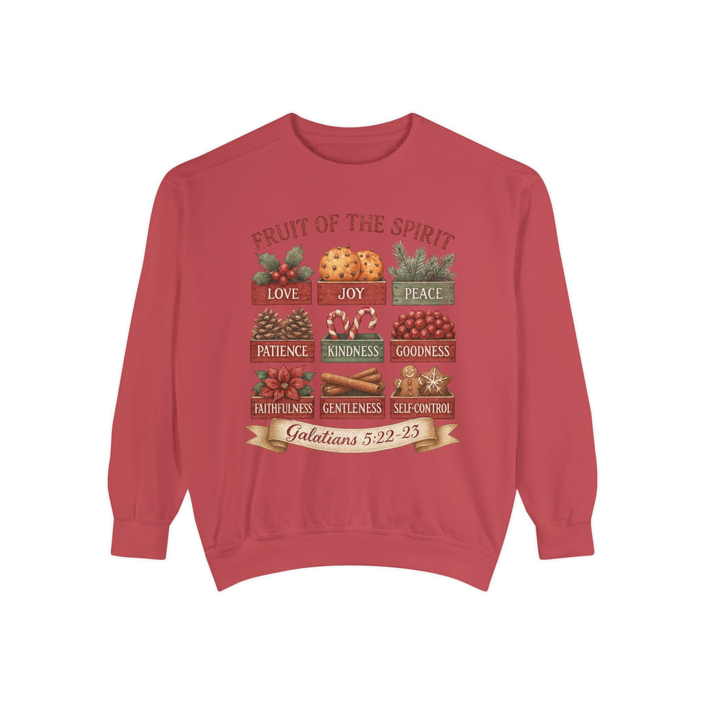 Crimson Christmas Christian sweatshirt with nine vintage crates of holly, oranges, pine, pinecones, candy canes, berries, poinsettia, cinnamon and gingerbread labeled with the fruit of the spirit