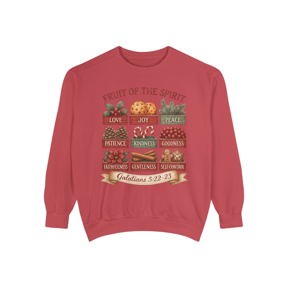 Crimson Christmas Christian sweatshirt with nine vintage crates of holly, oranges, pine, pinecones, candy canes, berries, poinsettia, cinnamon and gingerbread labeled with the fruit of the spirit