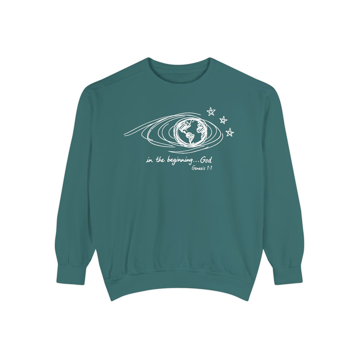 Blue Spruce Christian sweatshirt with hand-sketched Earth, looping orbit lines and three stars, reading in the beginning God, Genesis 1:1