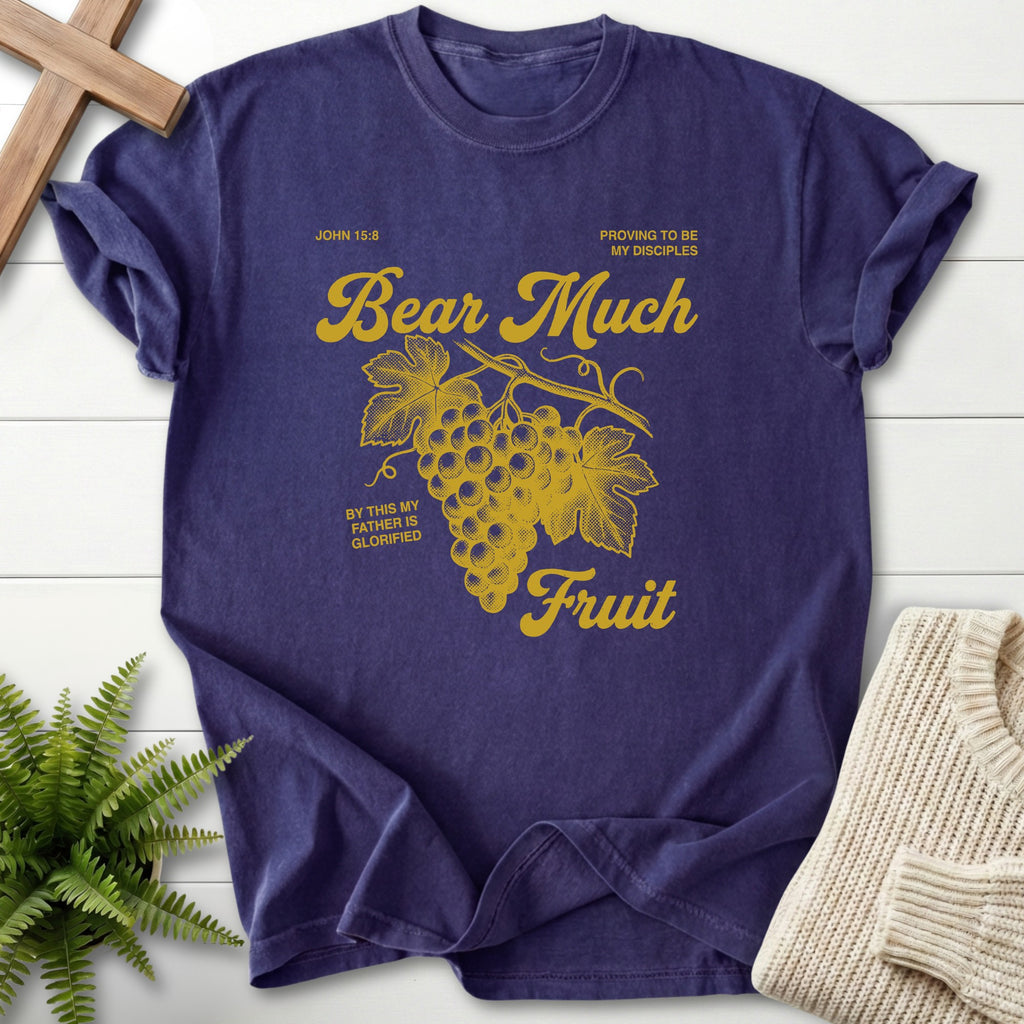 Grape Christian t-shirt for women with a tonal grape vine and leaf illustration, inspired by John 15:9.