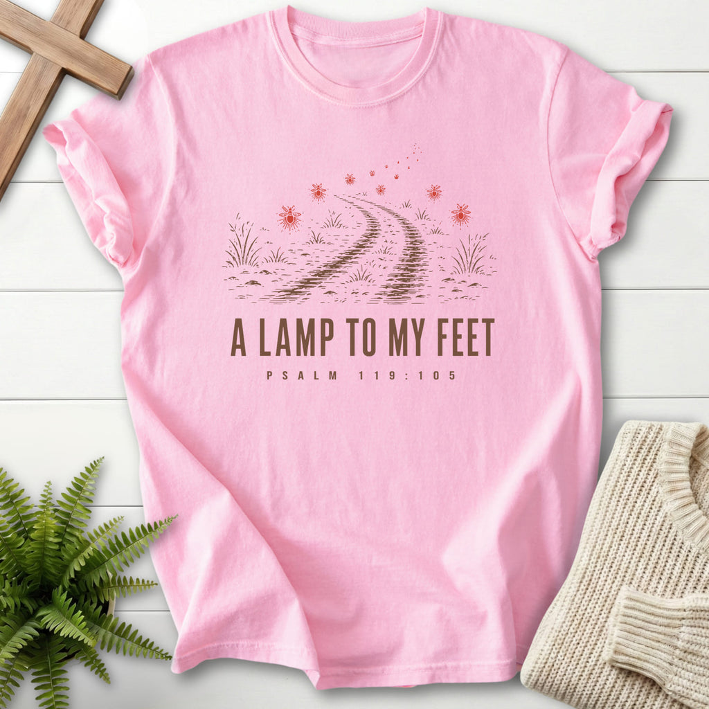 Flatlay of a Blossom Comfort Colors 1717 Christian shirt with "A Lamp to my Feet T-Shirt" design.