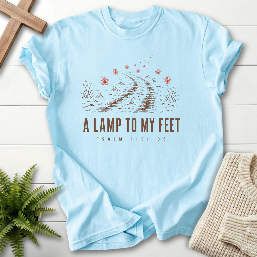 Chambray color option for the A Lamp to my Feet Christian t-shirt for women with "A Lamp to my Feet T-Shirt" design.