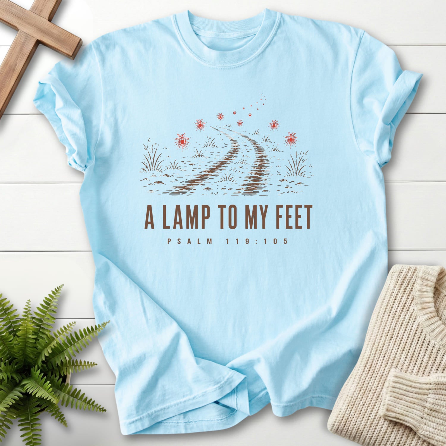 Chambray color option for the A Lamp to my Feet Christian t-shirt for women with "A Lamp to my Feet T-Shirt" design.