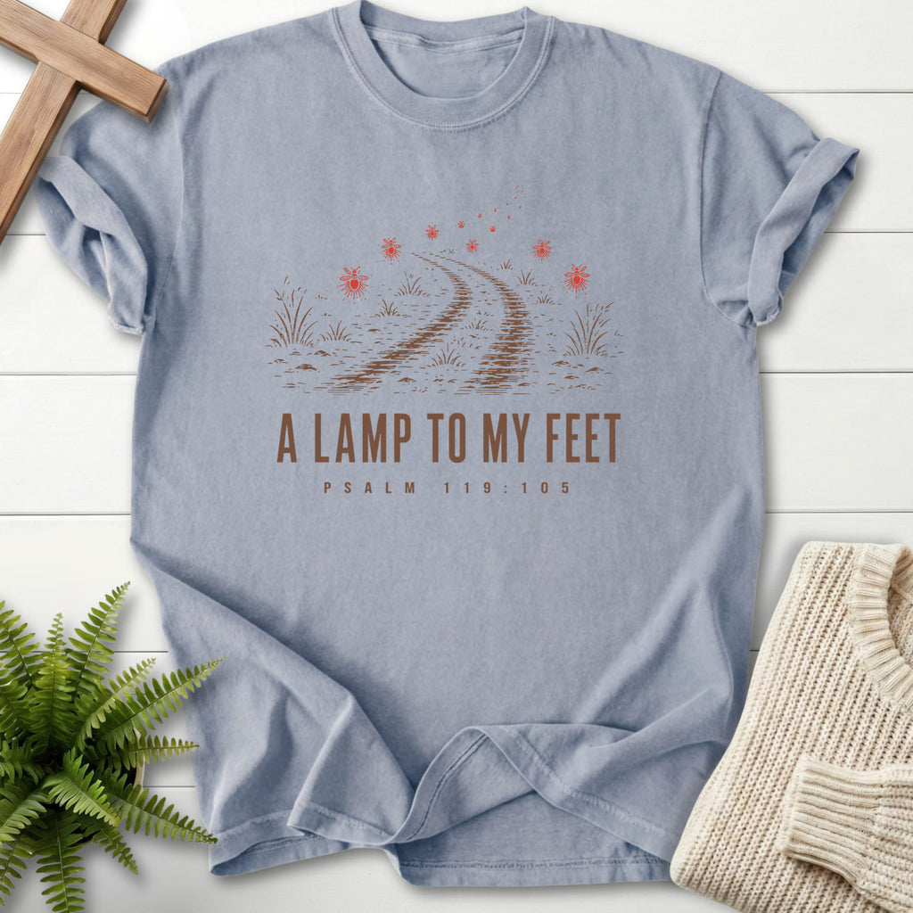 Flat lay of a Granite faith-based tee featuring "A Lamp to my Feet T-Shirt" design.