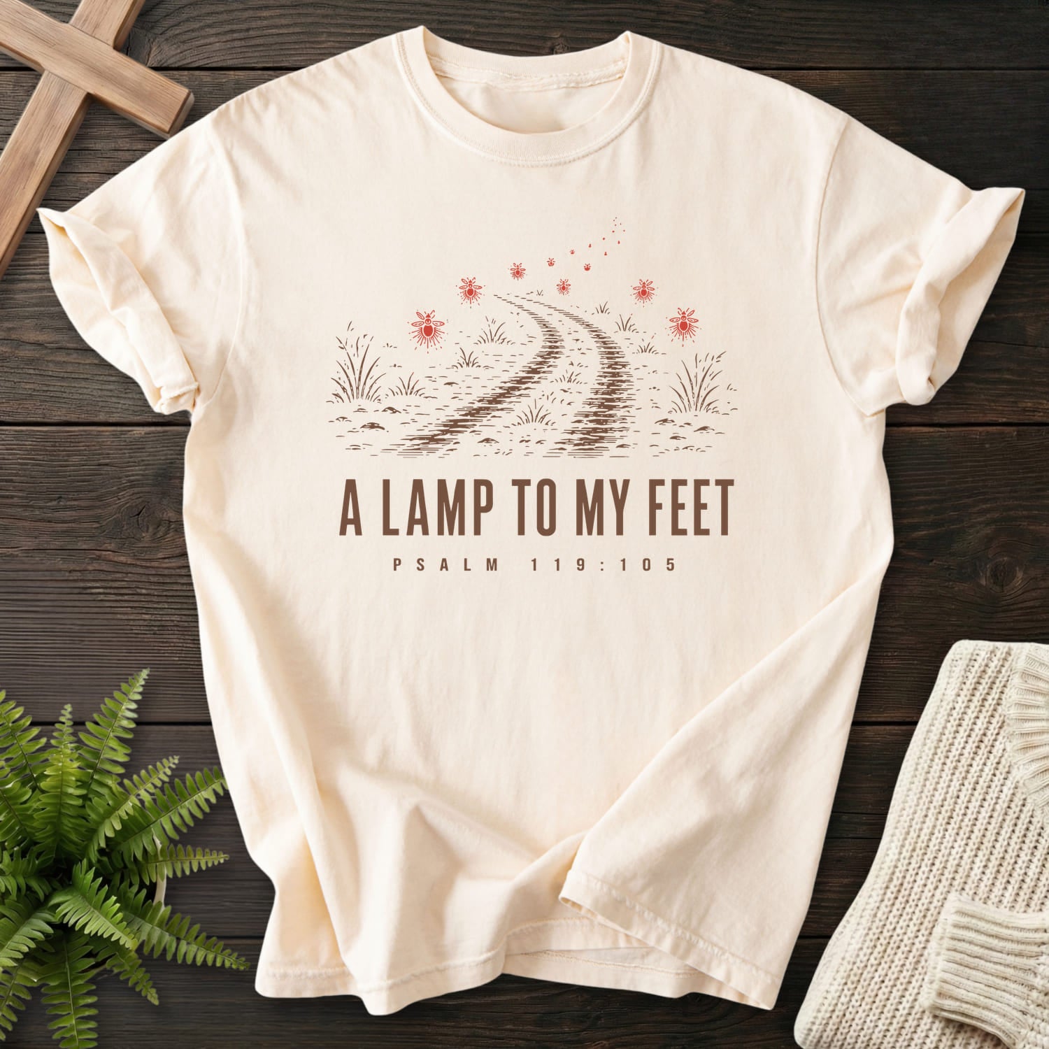 Ivory color option for the A Lamp to my Feet tee with "A Lamp to my Feet T-Shirt" design for women's faith apparel.