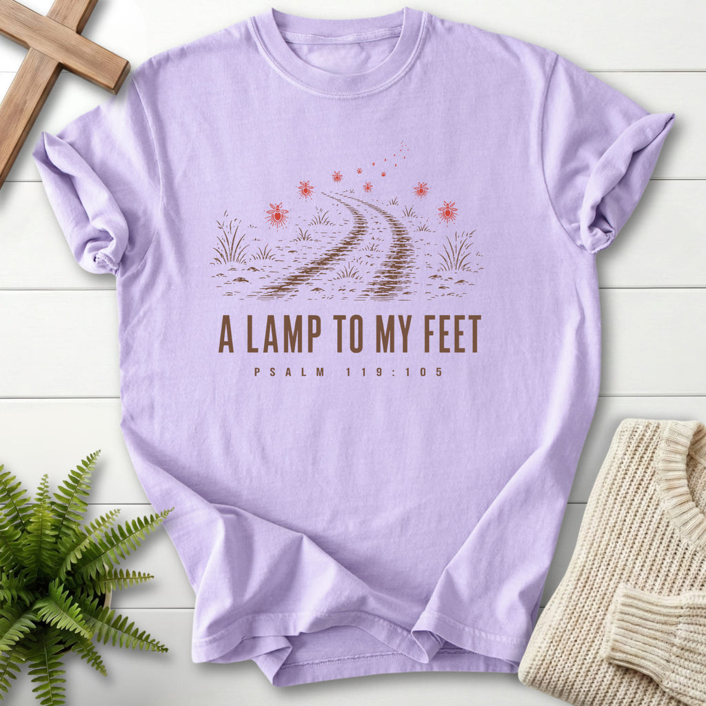 Orchid color option for the A Lamp to my Feet garment-dyed Christian tee with "A Lamp to my Feet T-Shirt" design.