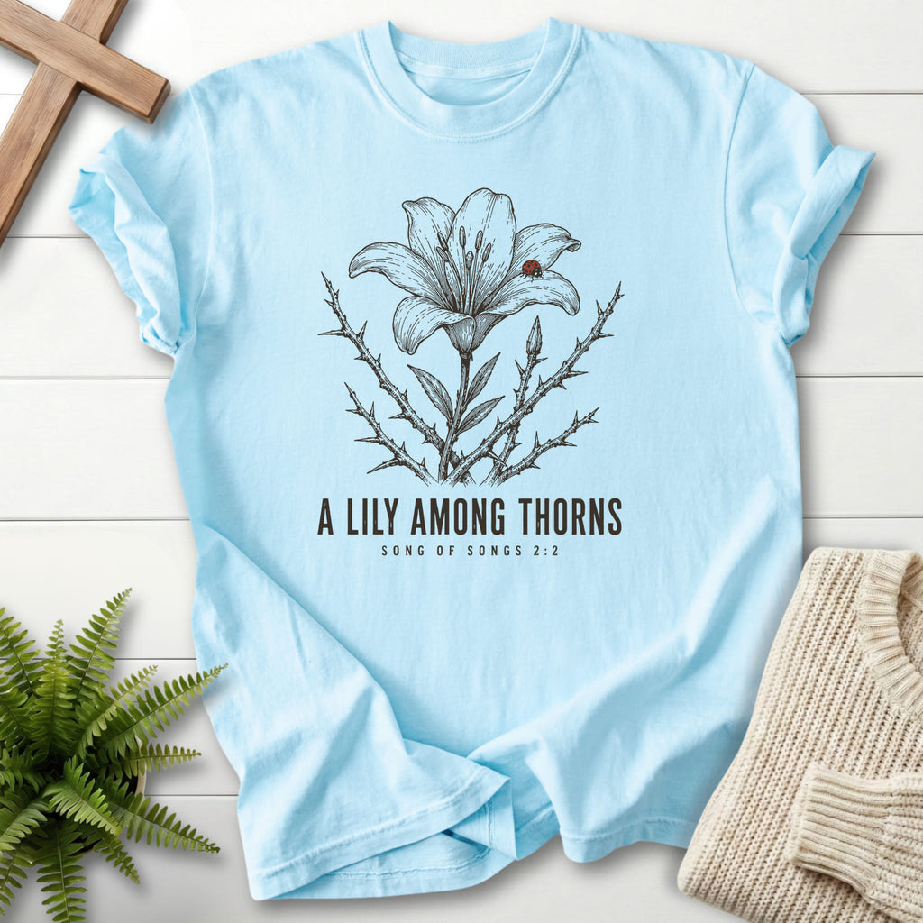 Chambray color option for the A Lily Among Thorns faith-inspired shirt with flower artwork with "A Lily Among Thorns T-Shirt" Songs 2:2.