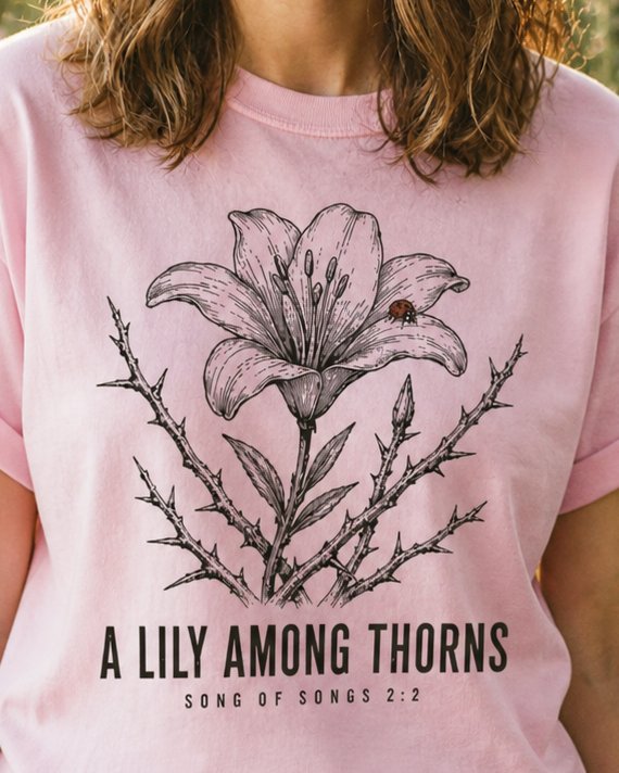A Lily Among Thorns - Blossom women's Christian tee, lifestyle photo in outdoor garden - Botanical lily rising above thorny bramble branches - Song of Songs 2:2 - She Wears Faith