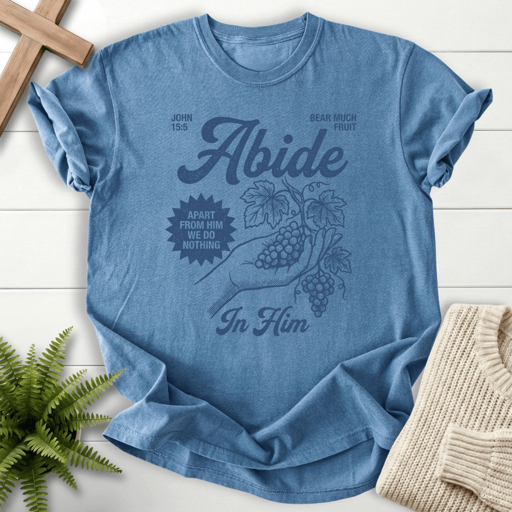 Blue Jean women's Christian tee with vintage grape vine artwork and John 15:5, by She Wears Faith