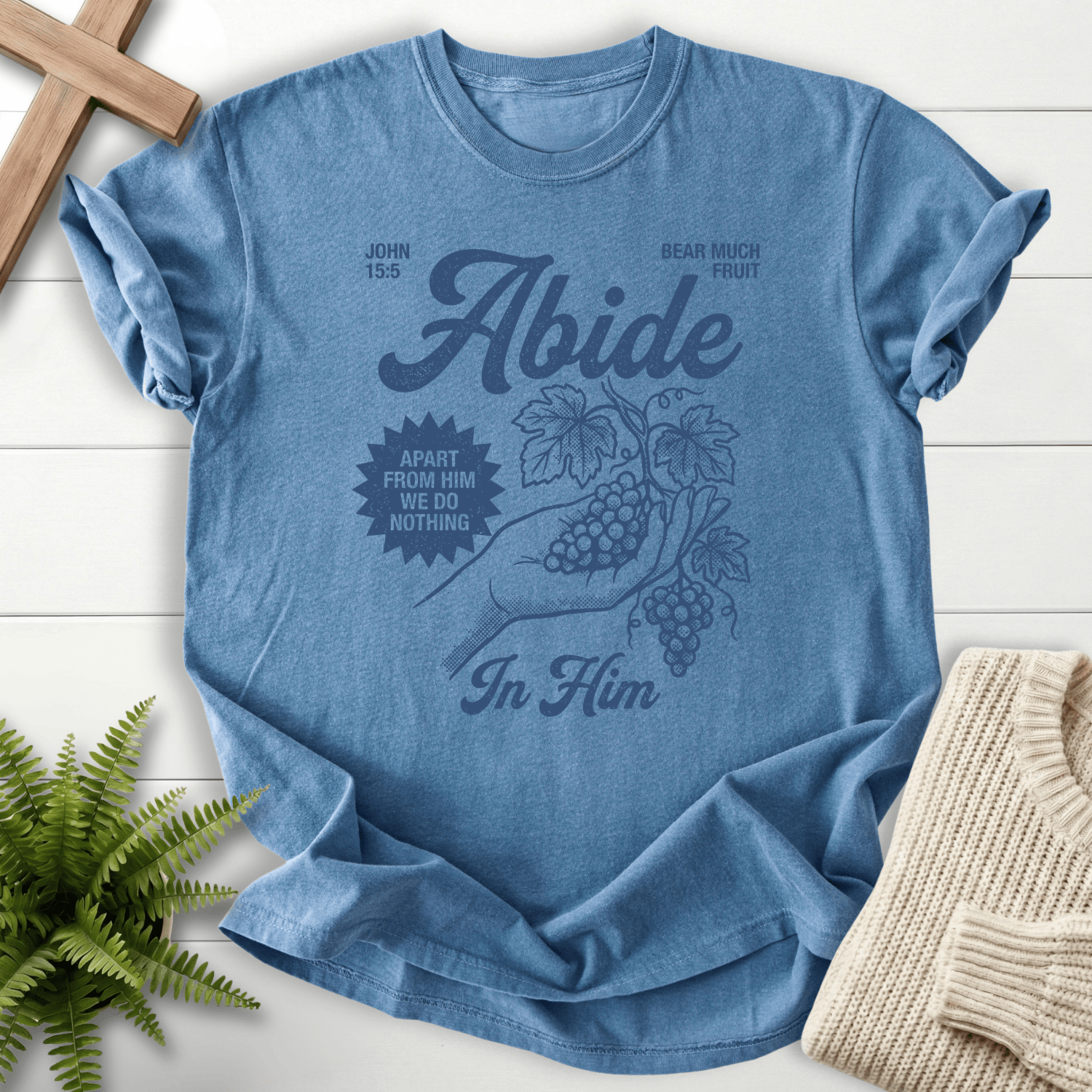 Blue Jean women's Christian tee with vintage grape vine artwork and John 15:5, by She Wears Faith