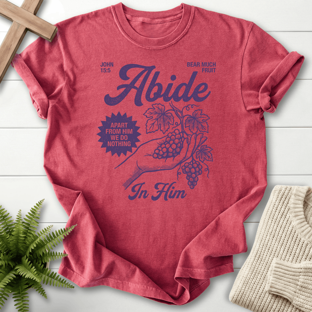 Crimson women's Christian tee with vintage grape vine and fruit design, featuring 'Abide In Him' and John 15:5
