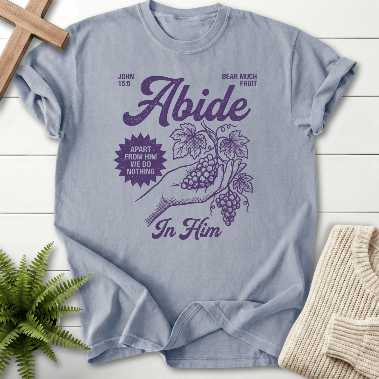 Granite women's Christian tee with 'Bear Much Fruit' grape vine illustration from John 15:5