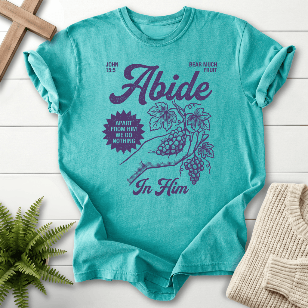 Seafoam women's Christian tee with hand-drawn grape vine art and the phrase 'Apart From Him We Do Nothing'