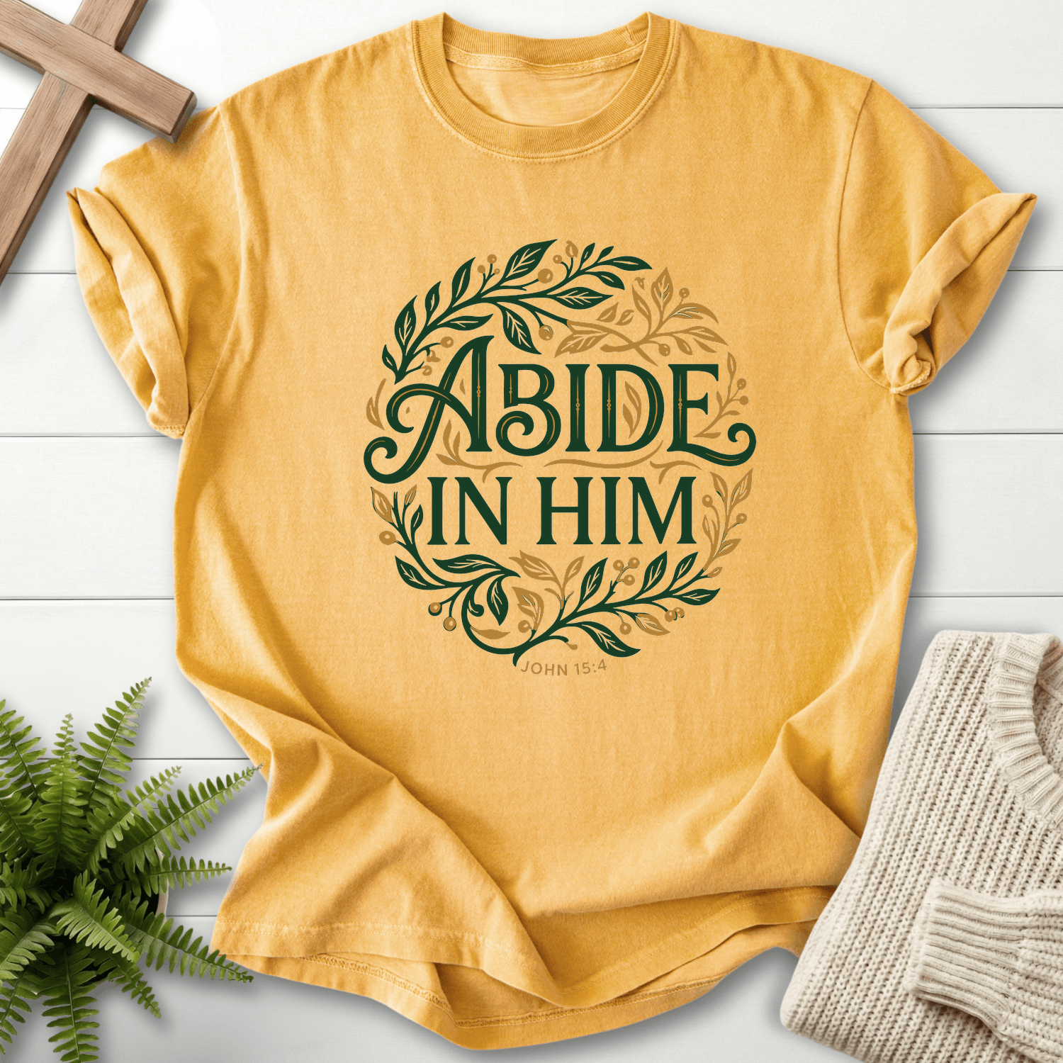 Abide in Him John 15:4 T-Shirt in Mustard | She Wears Faith