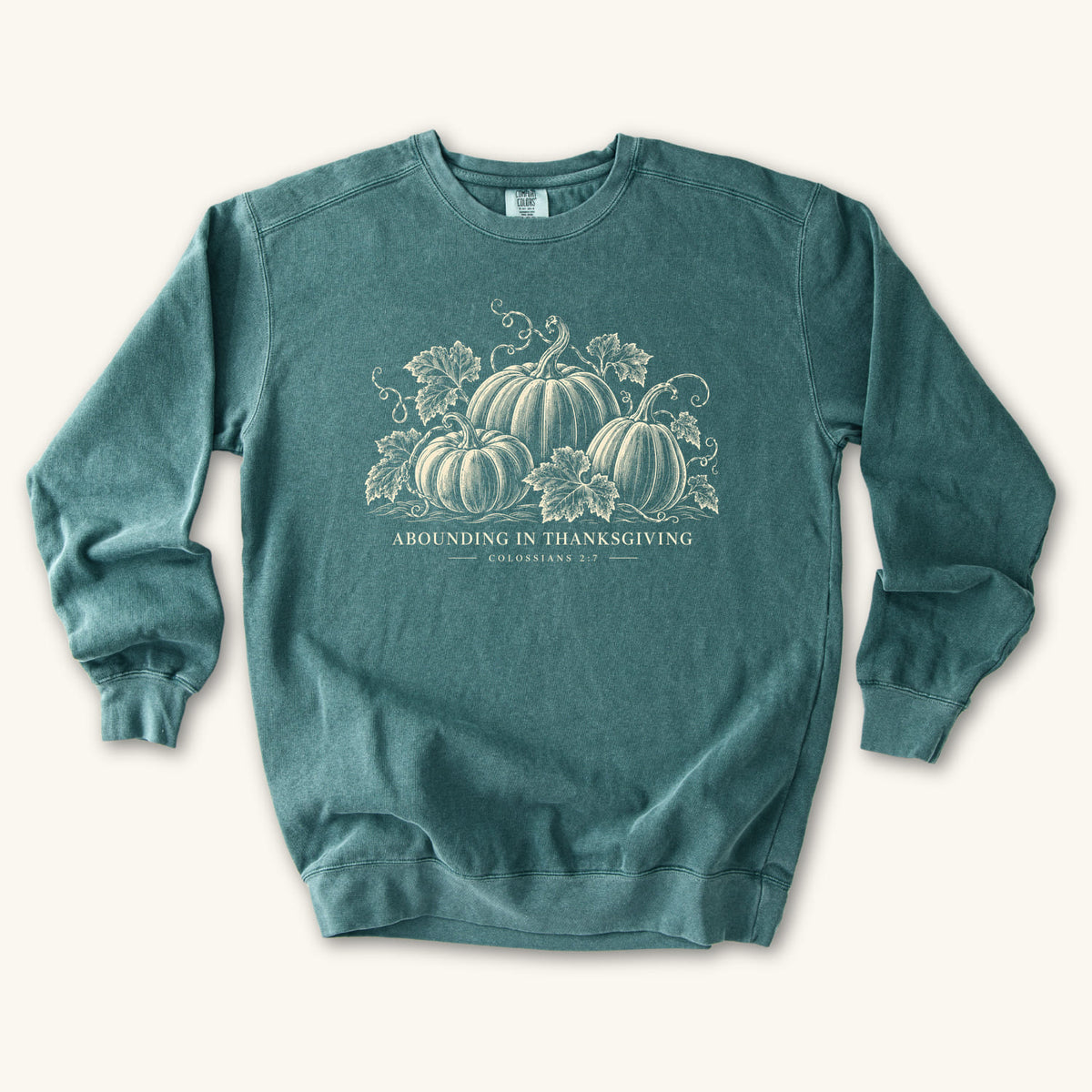 Blue Spruce Abounding IN Thanksgiving sweatshirt flat lay mockup, Colossians 2:7 Christian apparel for women