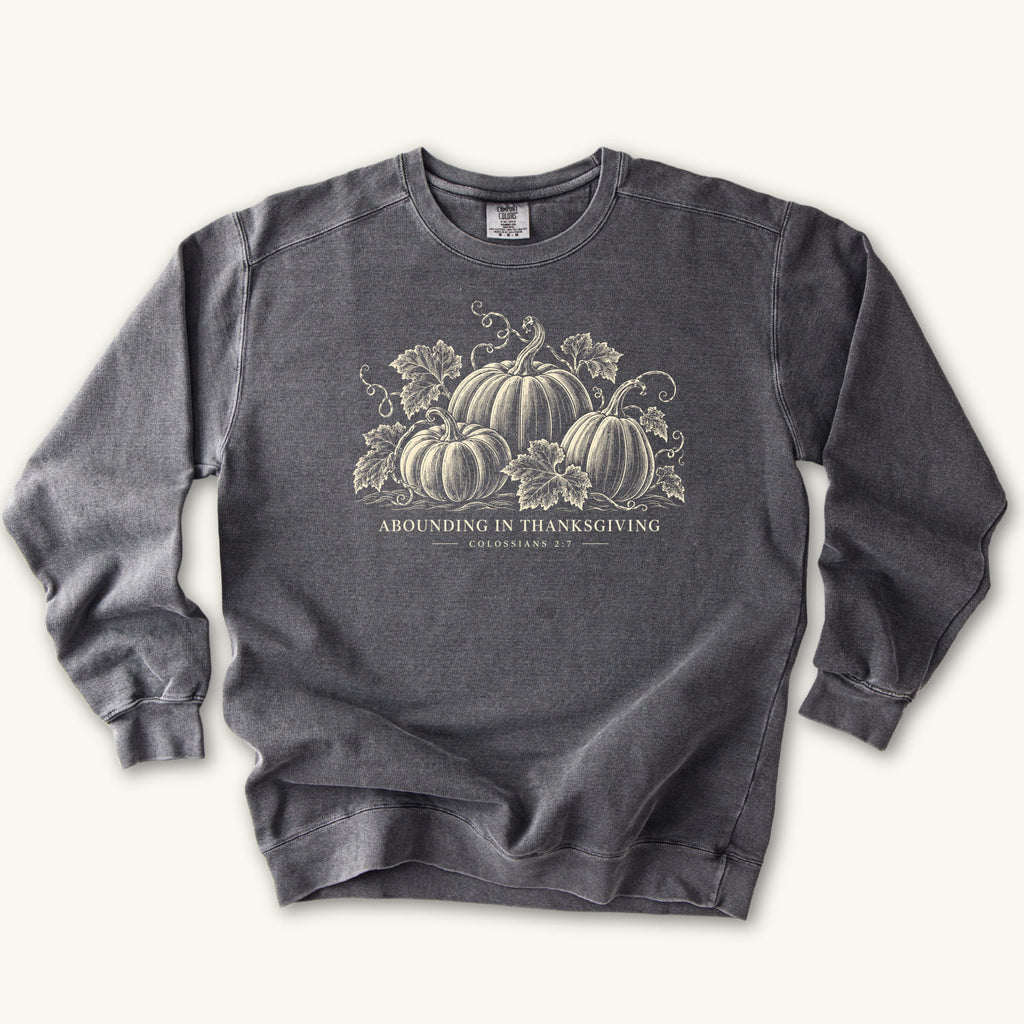 Pepper Abounding IN Thanksgiving sweatshirt flat lay mockup, Colossians 2:7 Christian apparel for women