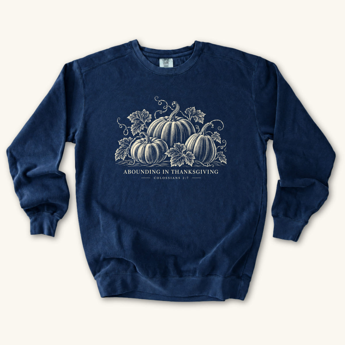 True Navy Abounding IN Thanksgiving sweatshirt flat lay mockup, Colossians 2:7 Christian apparel for women